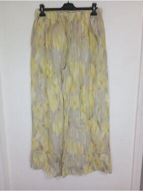 Zara Wide-Leg Pants Elastic Waist 100% Ramie Size M Yellow & Gray Lightweight